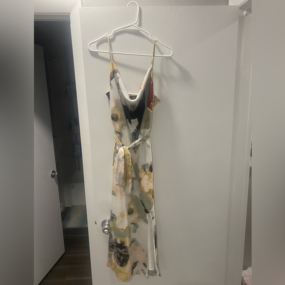 Lulus Inspired Aura White Multi Abstract Print Cowl Midi Dress